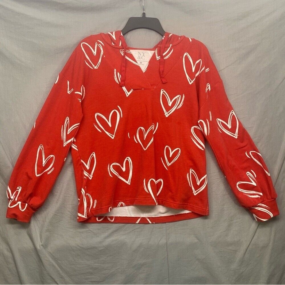 NY & Company Hoodie‎ Doodle Heart Design All Over Red Women's Size | S
